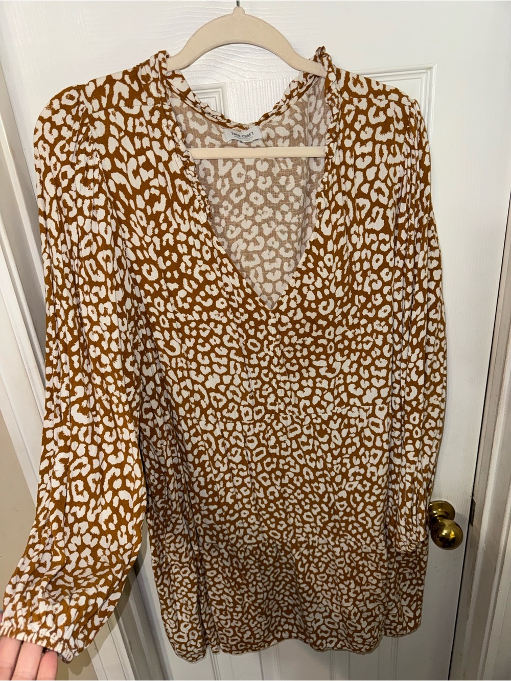 True Craft Long Sleeve V-Neck Leopard Print Dress in Camel and White